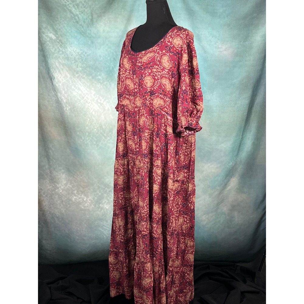 Natural Life XXL Magenta Floral Paisley Tiered Maxi Dress Short Sleeve Rayon - Picture 2 of 7